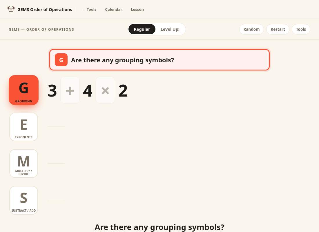 Preview of GEMS Order of Operations